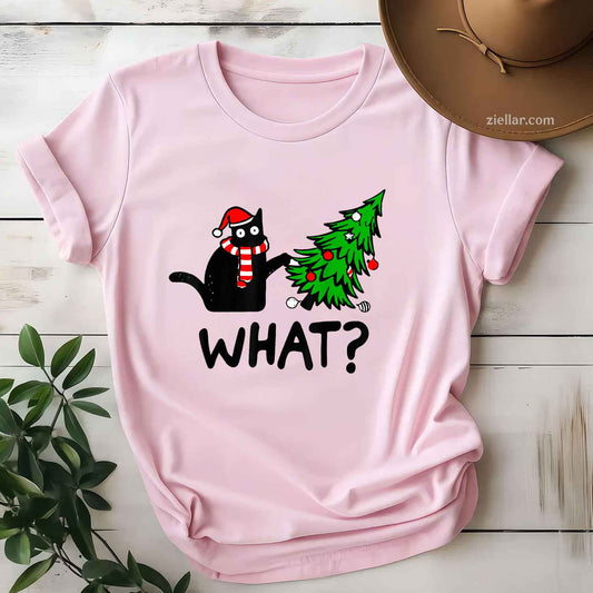 Funny Black Cat Gift Pushing Christmas Tree Over T-Shirt, A What_ Cat Lover Christmas Tee For Men And Women