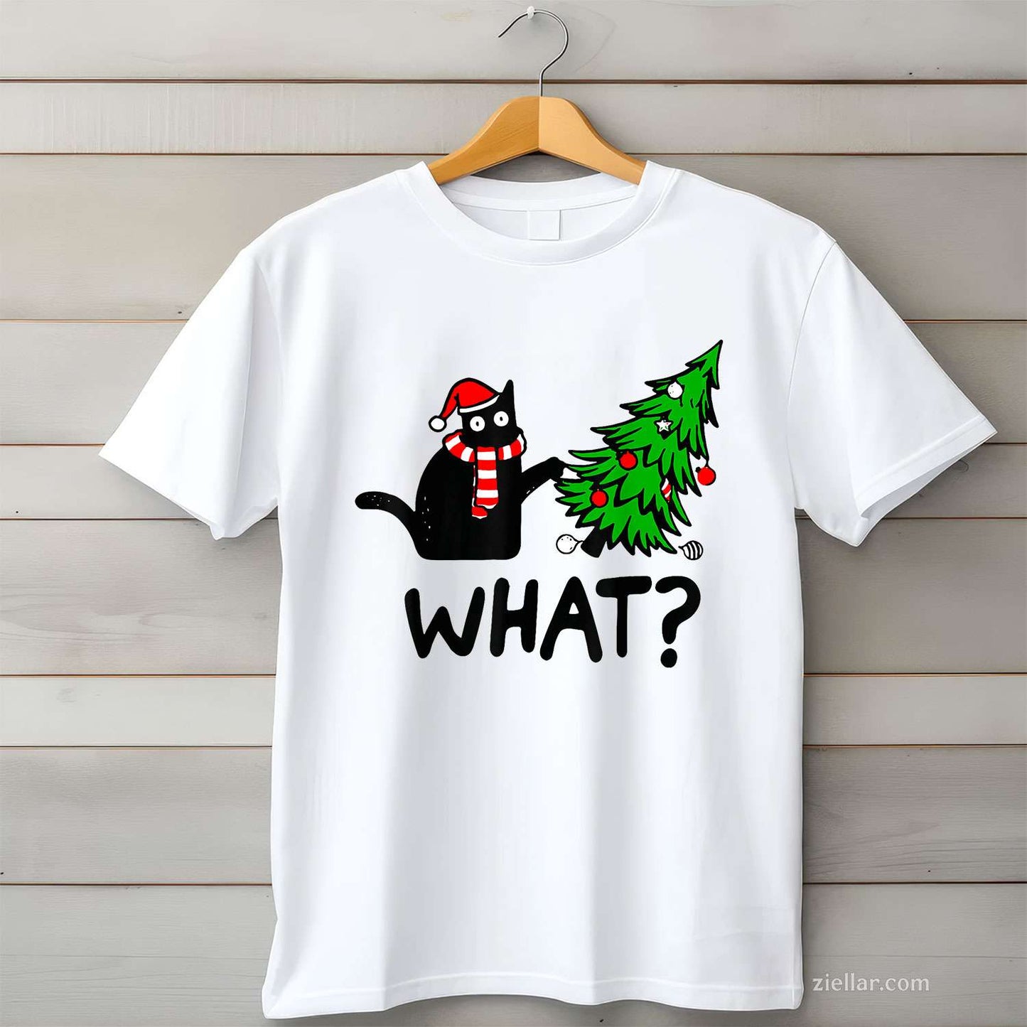 Funny Black Cat Gift Pushing Christmas Tree Over T-Shirt, A What_ Cat Lover Christmas Tee For Men And Women