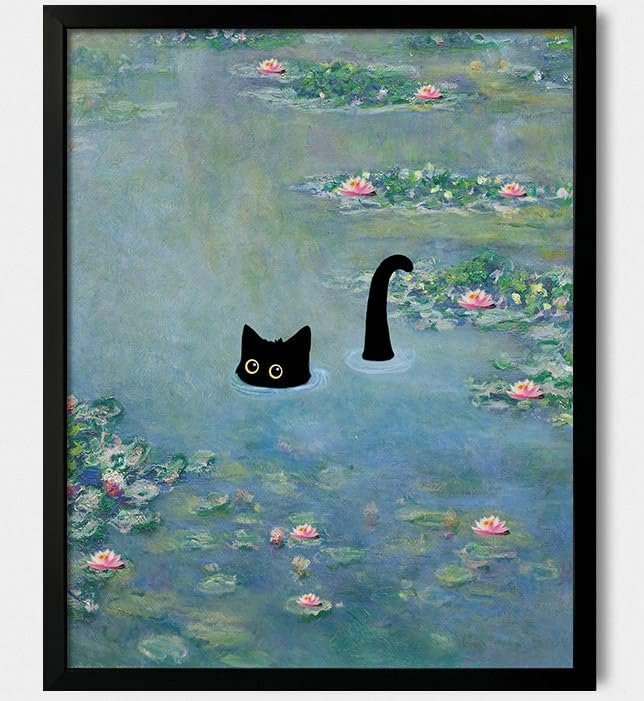 Funny Cat Poster and Canvas, Monet Water Lilies Print, Aesthetic Vintage Cat Wall Art for Living Room or Bathroom