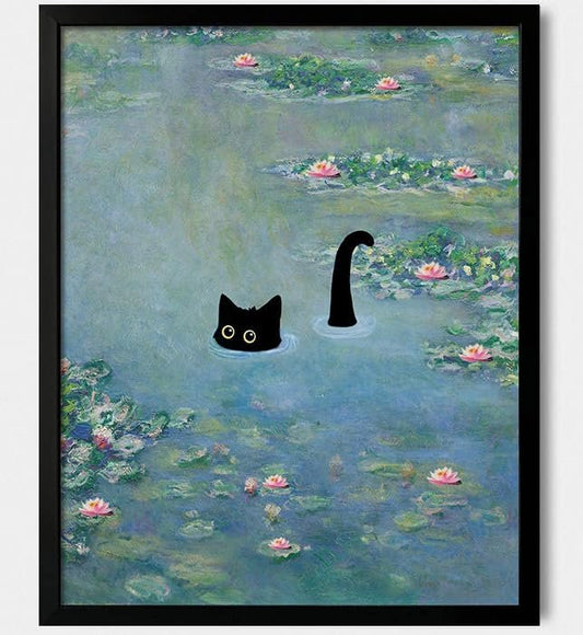 Funny Cat Poster and Canvas, Monet Water Lilies Print, Aesthetic Vintage Cat Wall Art for Living Room or Bathroom