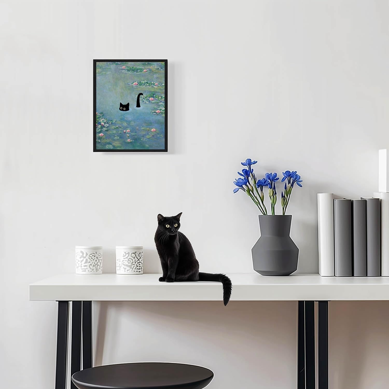 Funny Cat Poster and Canvas, Monet Water Lilies Print, Aesthetic Vintage Cat Wall Art for Living Room or Bathroom