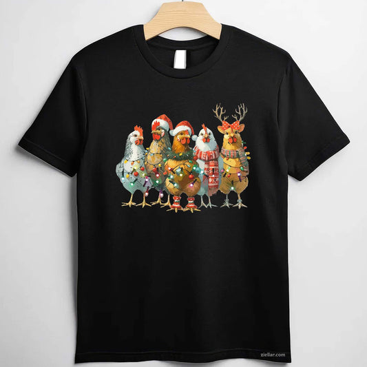 Funny Chicken Christmas Lights Farm Animal Cute Xmas Holiday T-Shirt, A Cute Farm Animal Chicken Christmas Tee