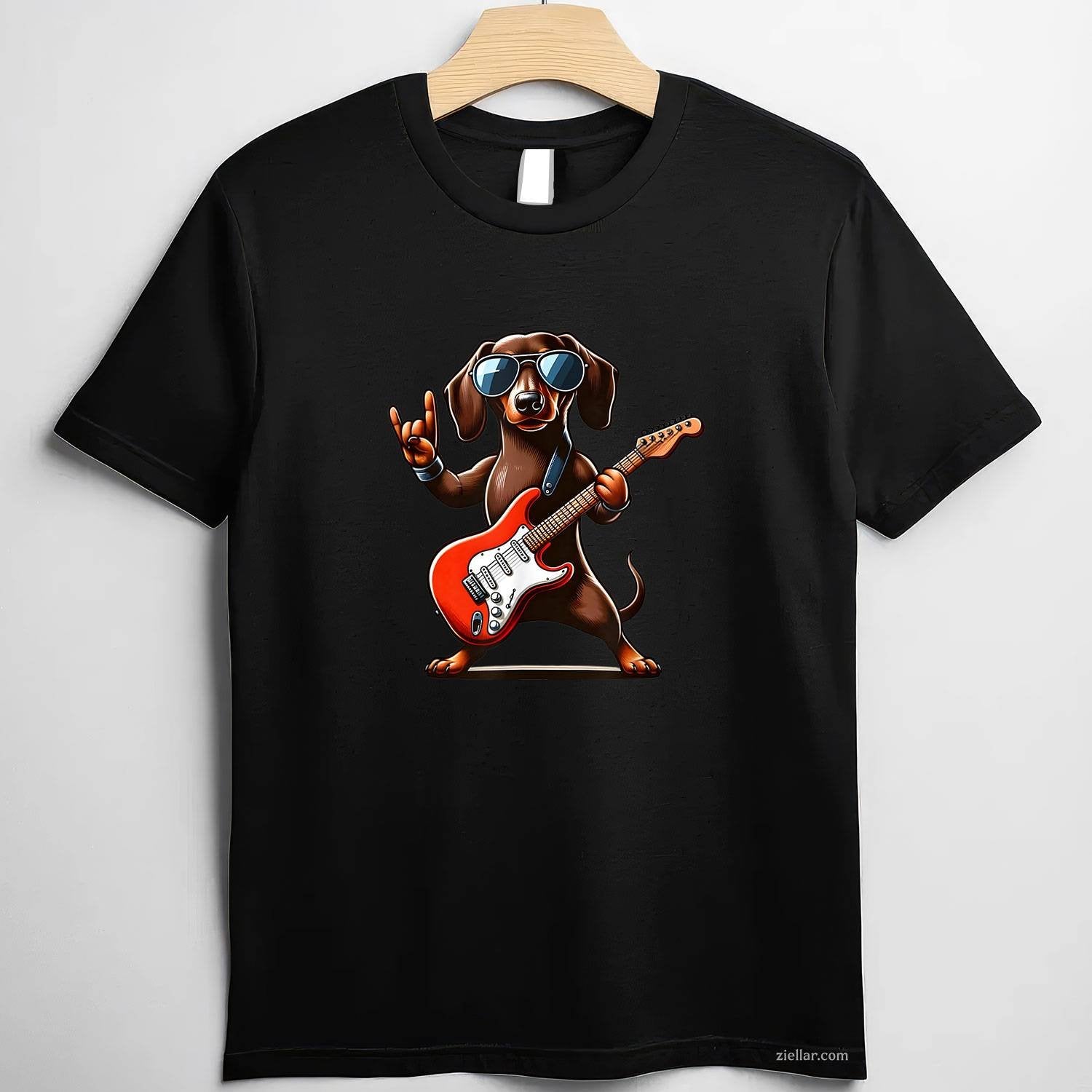 Funny Dachshund Dog Playing Guitar T-Shirt, Dachshund Lover Guitarist Vintage Graphic Tee For Adults