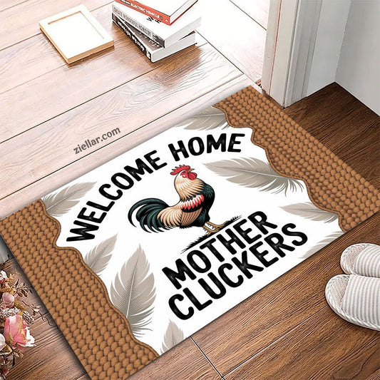 Funny Rooster Welcome Home Doormat Custom Text Rug for Porch or Entryway