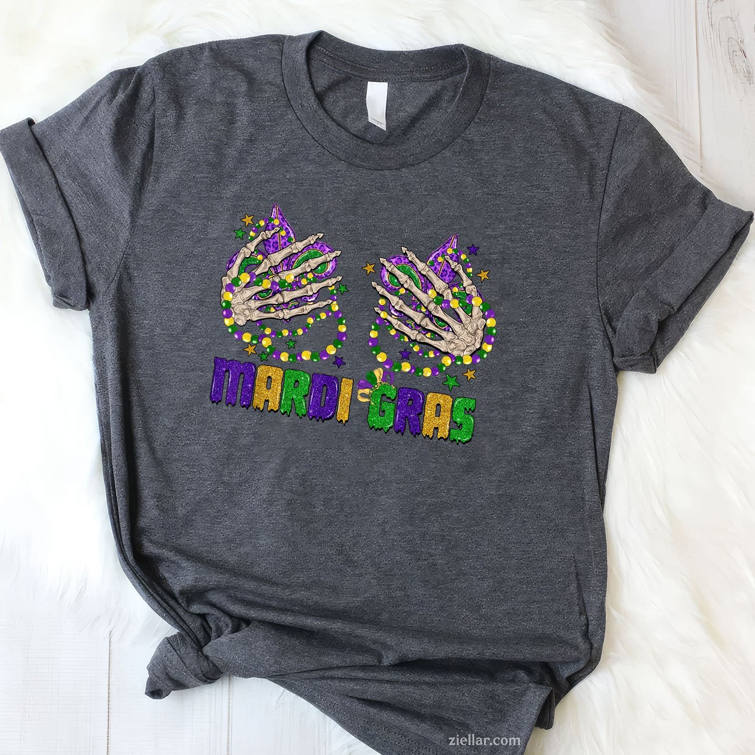 Funny Skeleton Hands Mardi Gras Tee and T-Shirt, Beads & Fleur-de-lis T-Shirt Gift for Carnival Lovers