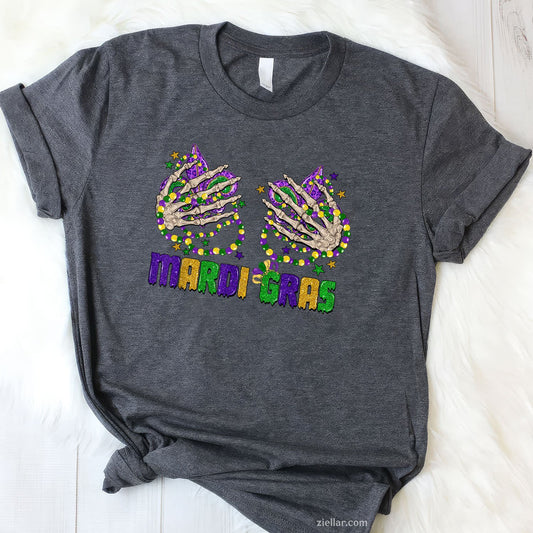Funny Skeleton Hands Mardi Gras Tee and T-Shirt, Beads & Fleur-de-lis T-Shirt Gift for Carnival Lovers