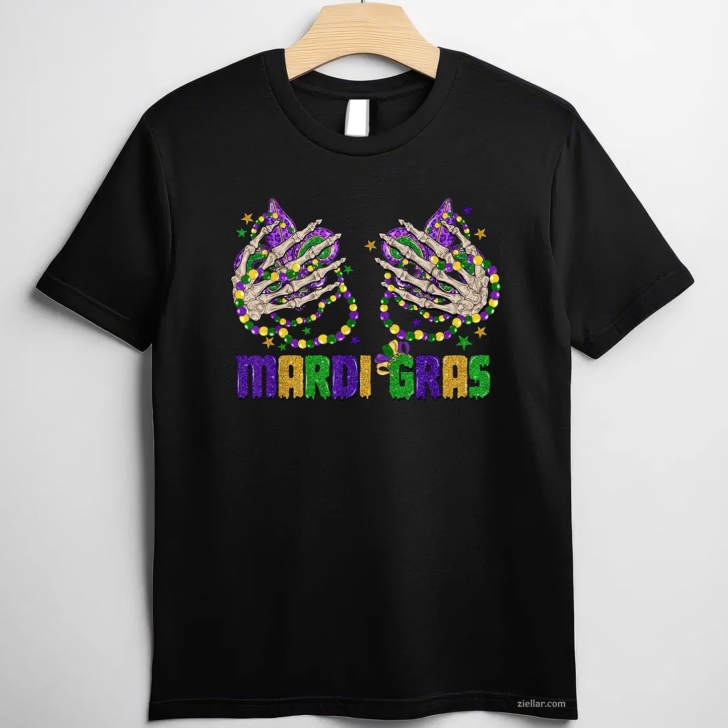 Funny Skeleton Hands Mardi Gras Tee and T-Shirt, Beads & Fleur-de-lis T-Shirt Gift for Carnival Lovers