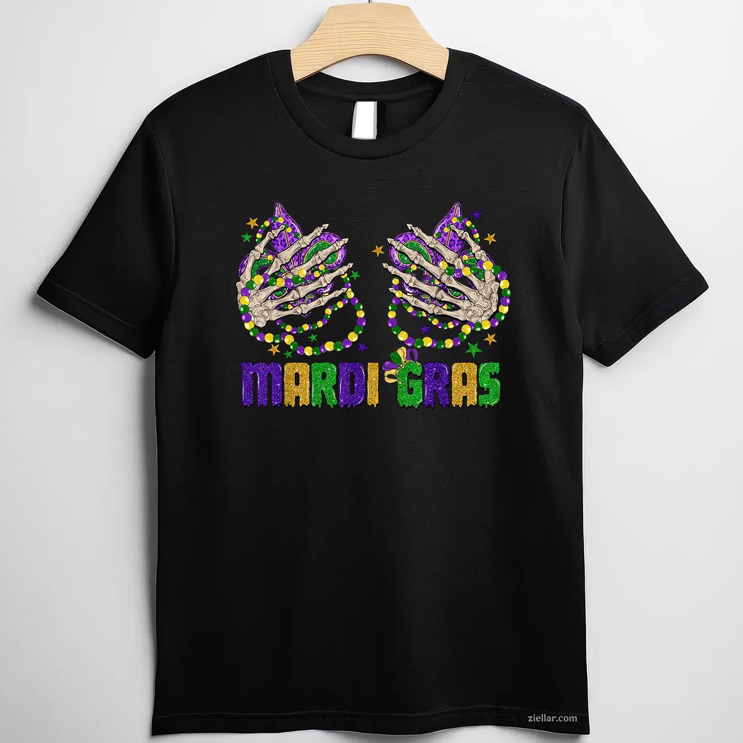 Funny Skeleton Hands Mardi Gras Tee and T-Shirt, Beads & Fleur-de-lis T-Shirt Gift for Carnival Lovers