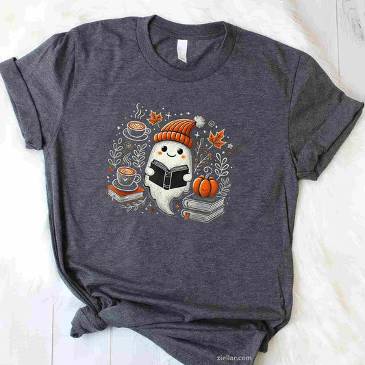 Ghost Reading Book Pumpkin Coffee Autumn Leaves Fall Spirit Tee, Pumpkin T-Shirt for Men Women Adults Unisex, Cool Casual Street Style, Premium Quality