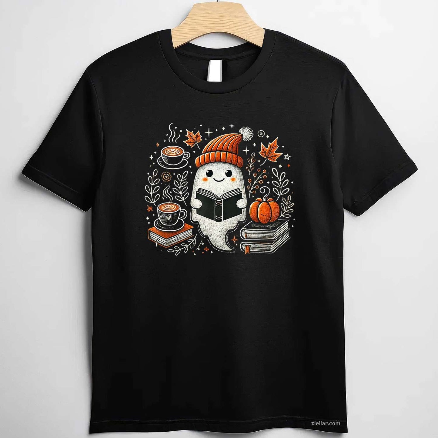 Ghost Reading Book Pumpkin Coffee Autumn Leaves Fall Spirit Tee, Pumpkin T-Shirt for Men Women Adults Unisex, Cool Casual Street Style, Premium Quality