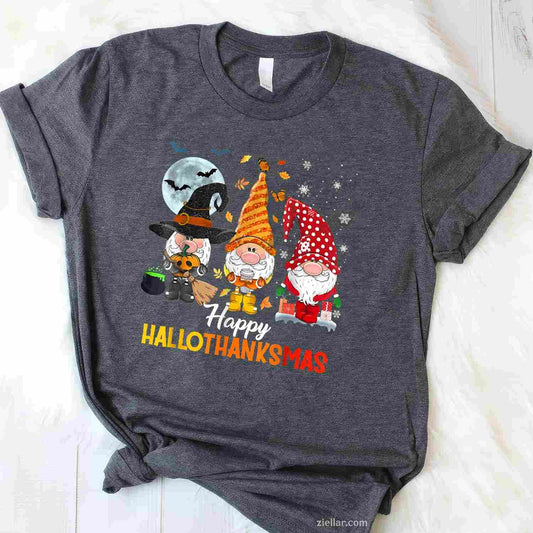 Gnomes Lover Halloween Merry Christmas Happy Hallothanksmas Tee, Halloween T-Shirt for Men Women Adults Unisex, Bold Statement Graphic, Party Outfit Favorite