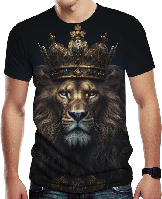 Golden Lion King Crown Graphic Tee for Men, Funny Royal Style 3D T-Shirt with Cool Pattern Print