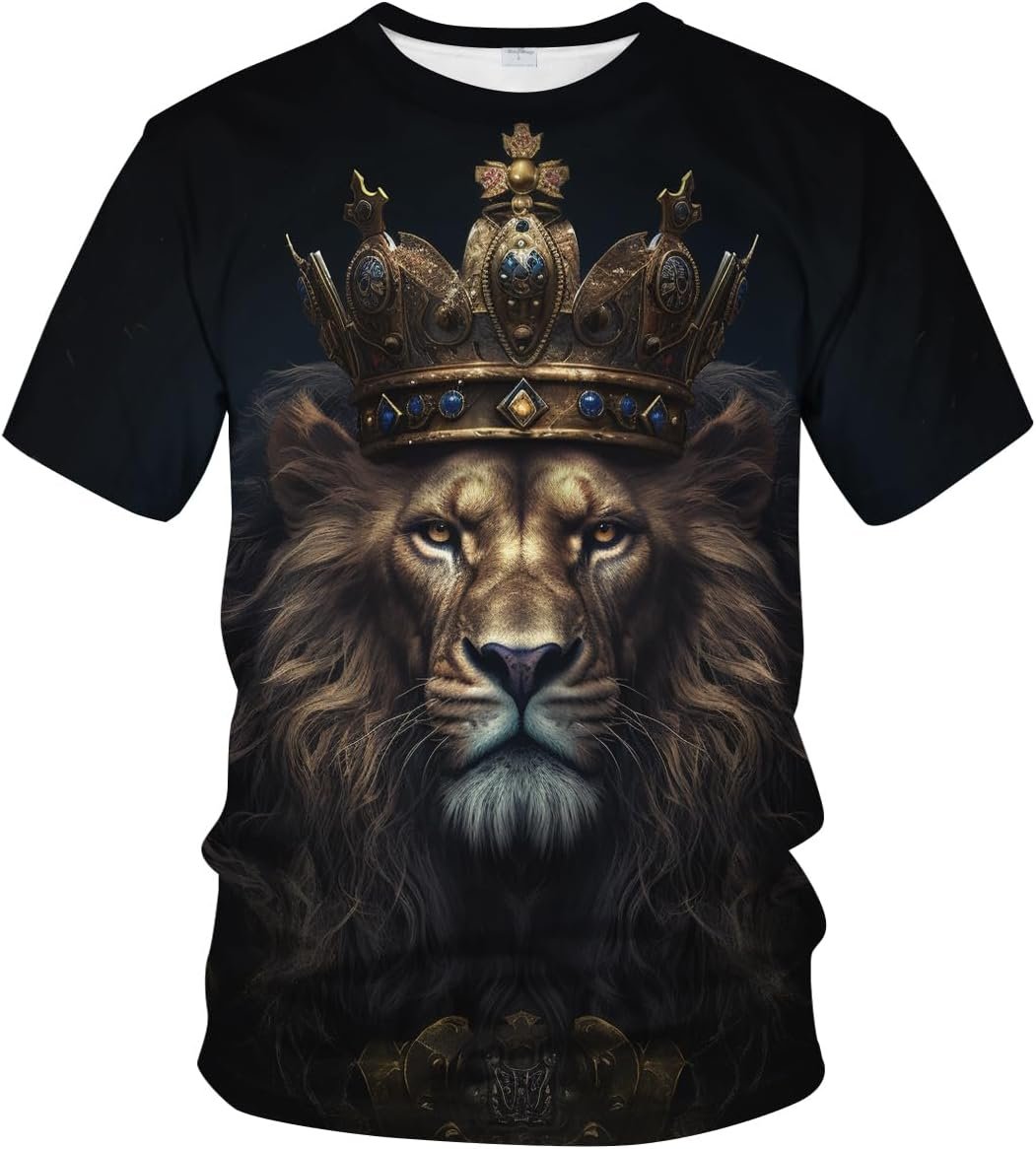 Golden Lion King Crown Graphic Tee for Men, Funny Royal Style 3D T-Shirt with Cool Pattern Print