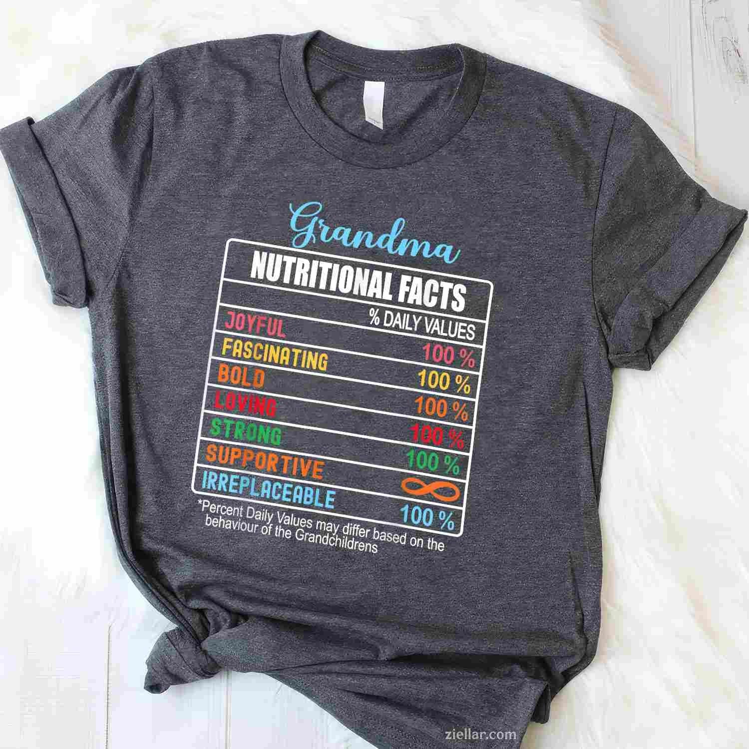 Grandma Nutritional Facts Grandparents' Day Funny T-Shirt Tee for Men Women Adults Unisex