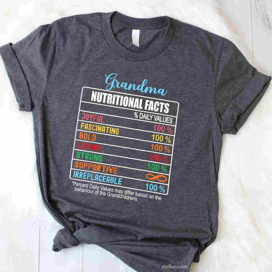 Grandma Nutritional Facts Grandparents' Day Funny T-Shirt Tee for Men Women Adults Unisex