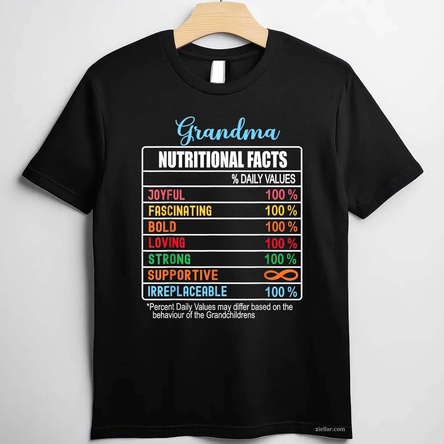 Grandma Nutritional Facts Grandparents' Day Funny T-Shirt Tee for Men Women Adults Unisex