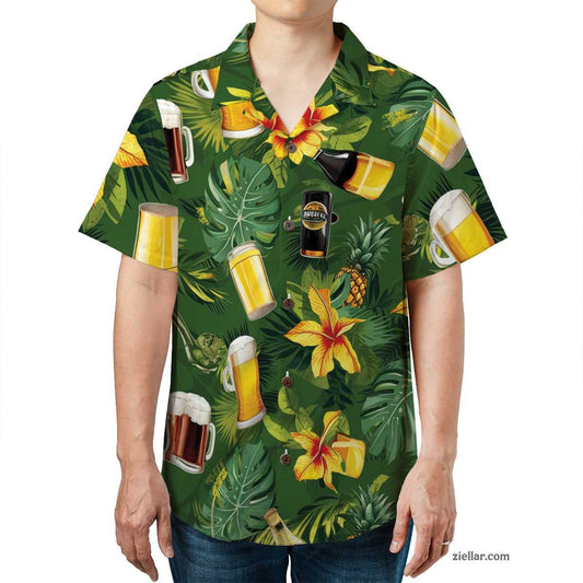Green Beer & Pineapple Hawaiian Shirt and Tee, Fun Summer Aloha Beachwear