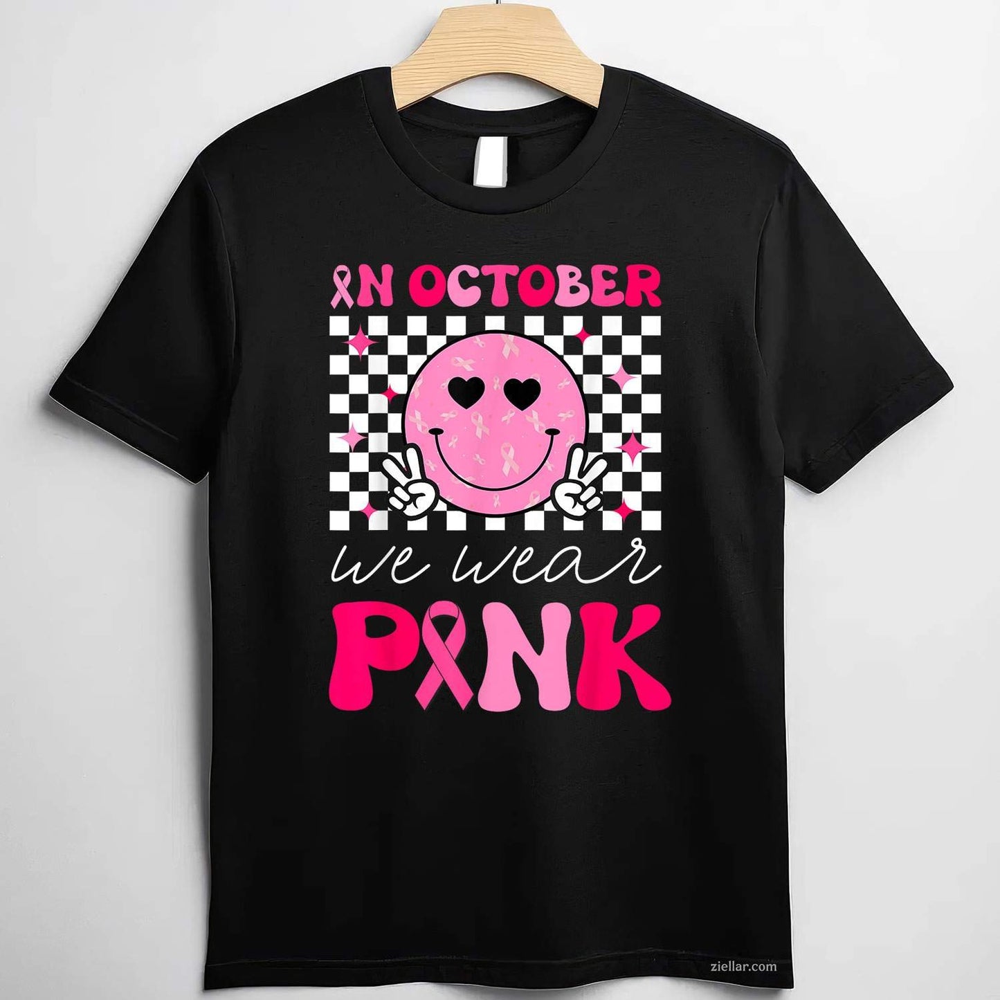 Groovy Breast Cancer Awareness In October We Wear Pink Funny Graphic Tee and T-Shirt Gift for Adults Men Women Unisex