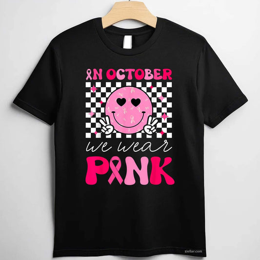 Groovy Breast Cancer Awareness In October We Wear Pink Funny Graphic Tee and T-Shirt Gift for Adults Men Women Unisex
