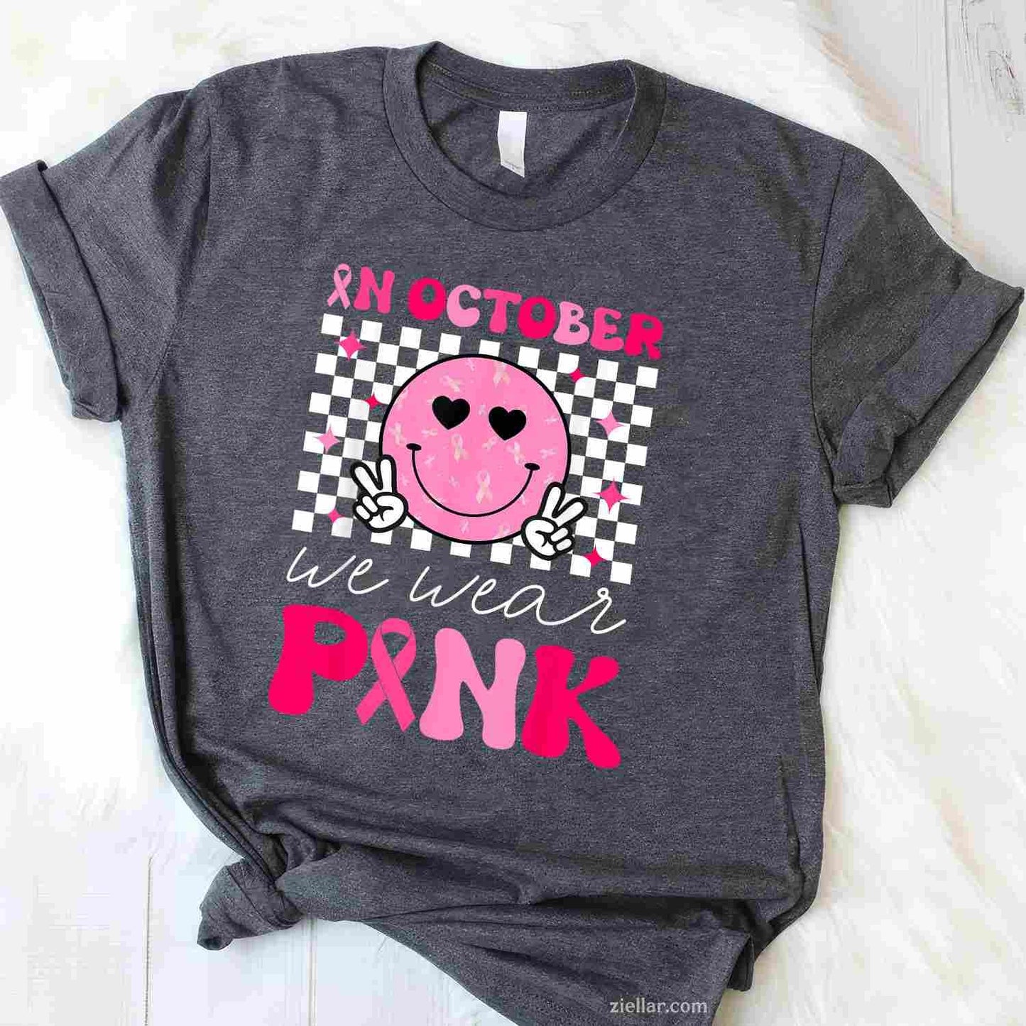 Groovy Breast Cancer Awareness In October We Wear Pink Funny Graphic Tee and T-Shirt Gift for Adults Men Women Unisex