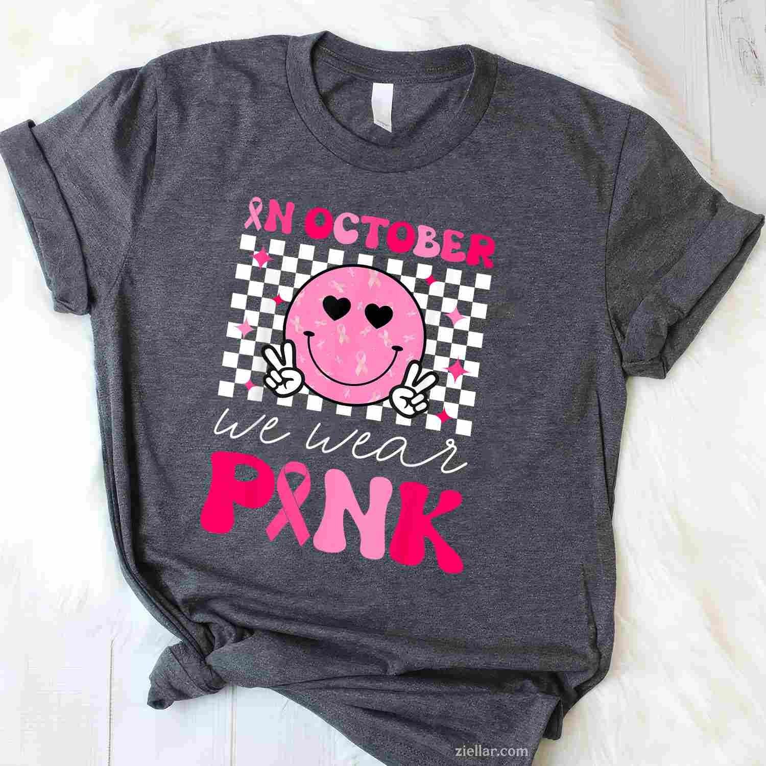 Groovy Breast Cancer Awareness In October We Wear Pink Funny Graphic Tee and T-Shirt Gift for Adults Men Women Unisex