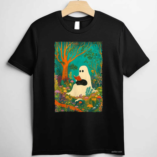 Groovy Ghost Reading Book Black Cat Halloween Ghost Teacher Tee, Halloween T-Shirt for Men Women Adults Unisex, Cool Casual Street Style, Premium Quality