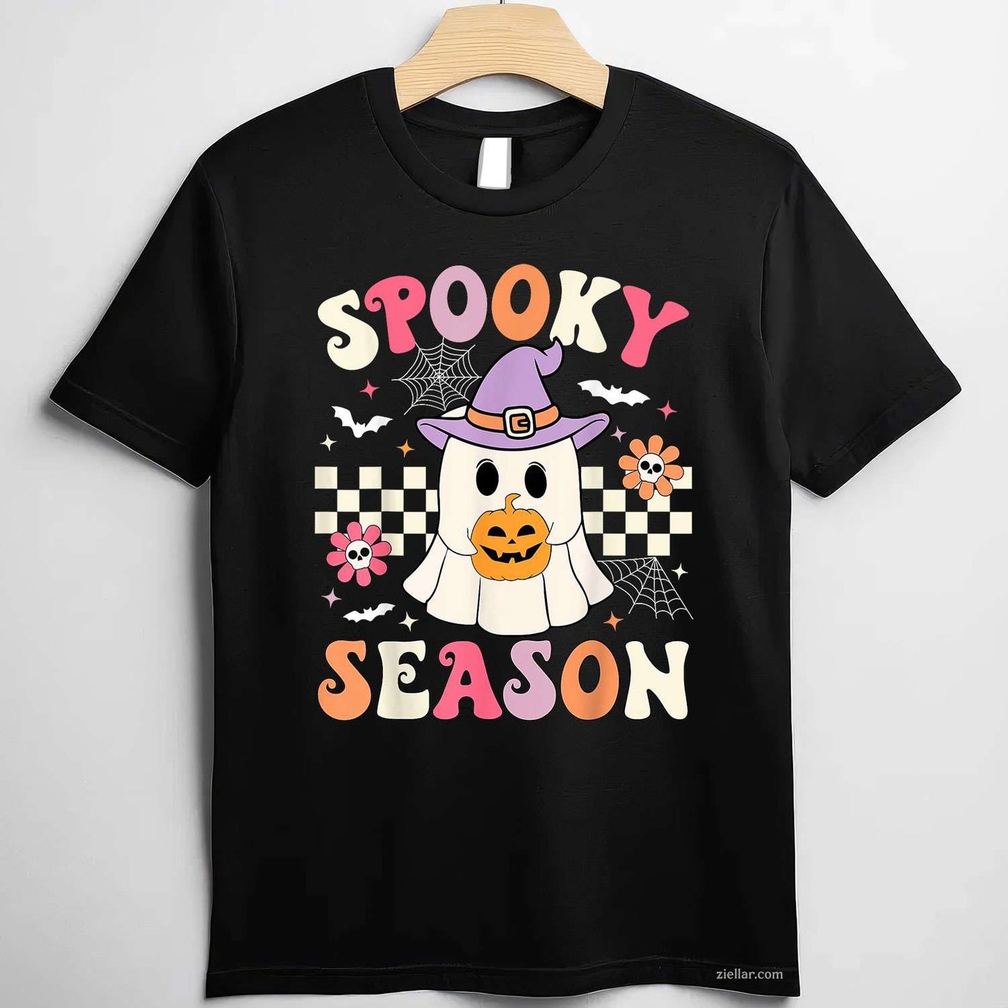 Groovy Spooky Season Retro Ghost Holding Pumpkin Halloween Tee, Halloween T-Shirt for Men Women Adults Unisex, Trendy Graphic Apparel, Unique Gift Idea