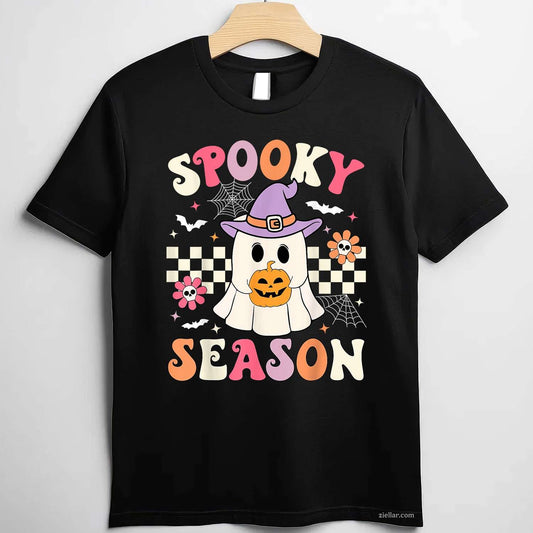 Groovy Spooky Season Retro Ghost Holding Pumpkin Halloween Tee, Halloween T-Shirt for Men Women Adults Unisex, Trendy Graphic Apparel, Unique Gift Idea