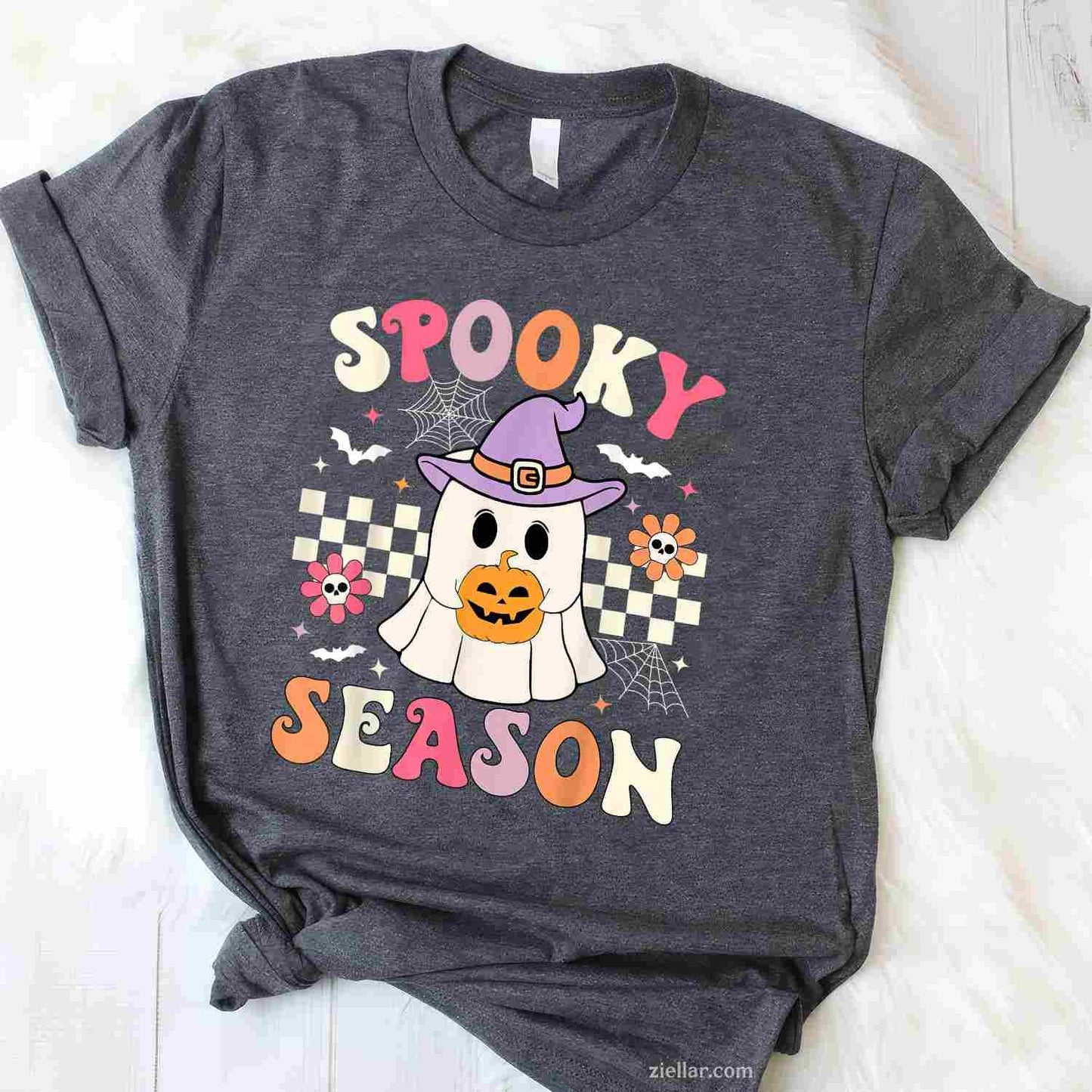 Groovy Spooky Season Retro Ghost Holding Pumpkin Halloween Tee, Halloween T-Shirt for Men Women Adults Unisex, Trendy Graphic Apparel, Unique Gift Idea