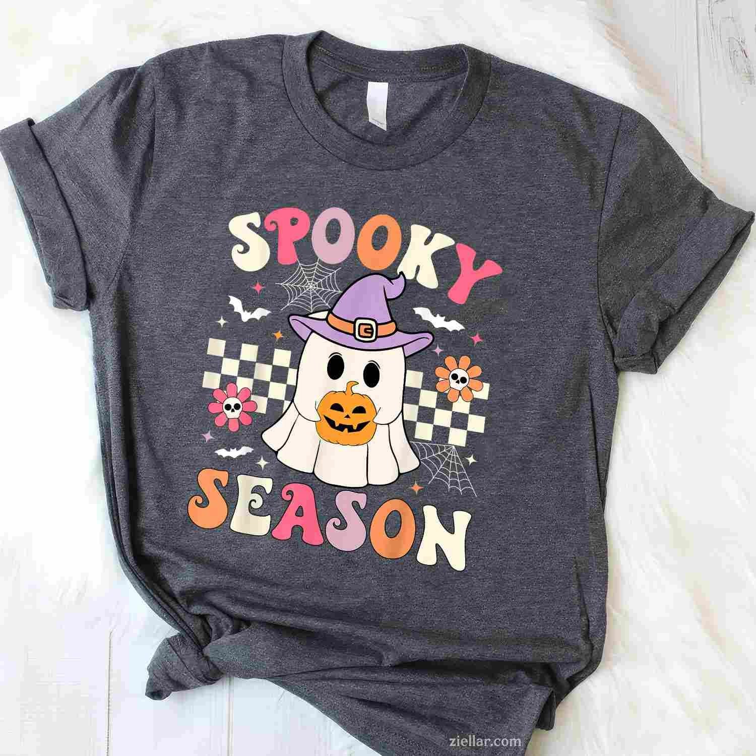 Groovy Spooky Season Retro Ghost Holding Pumpkin Halloween Tee, Halloween T-Shirt for Men Women Adults Unisex, Trendy Graphic Apparel, Unique Gift Idea