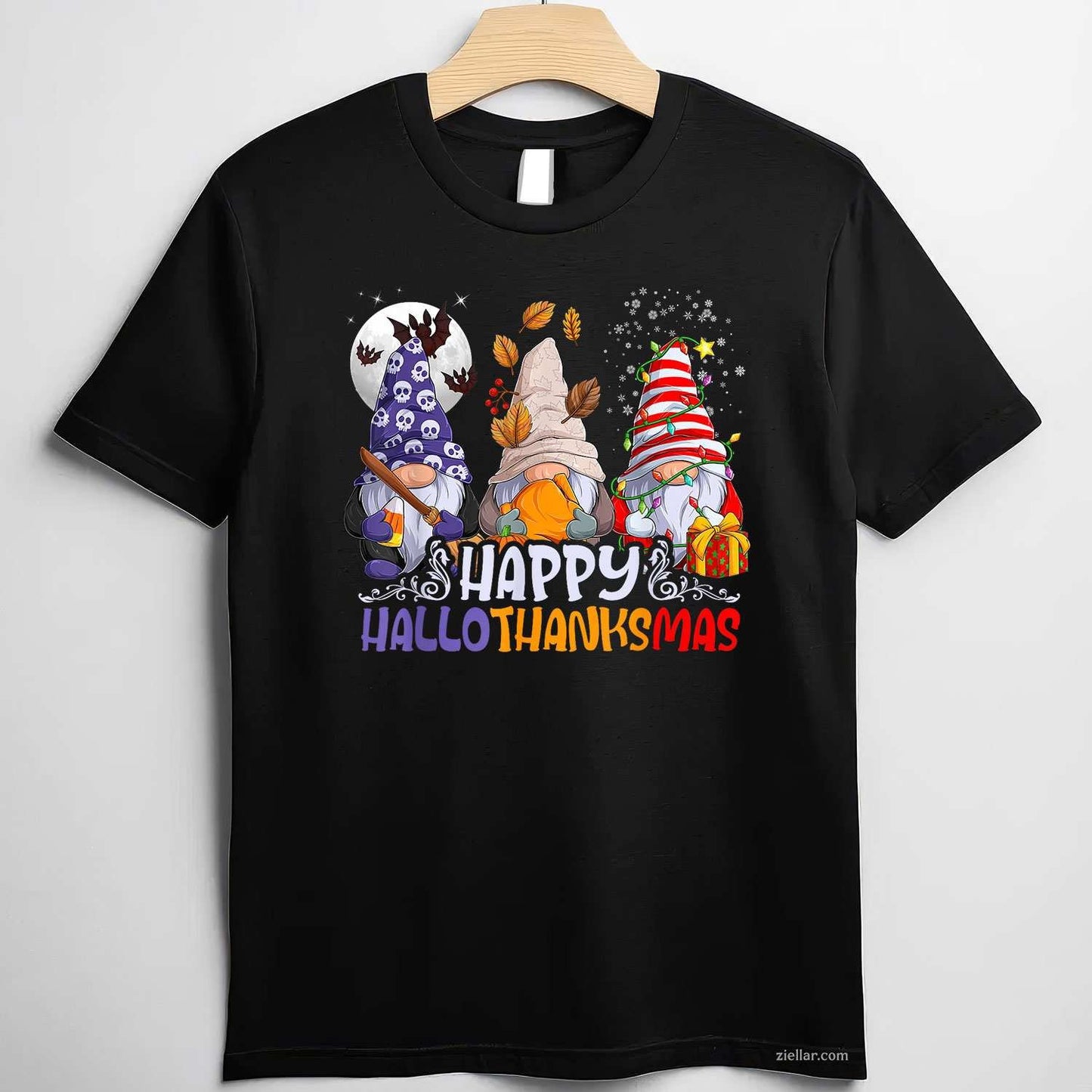 HalloThanksMas Gnomes Halloween Thanksgiving Christmas Happy Funny Graphic Tee and T-Shirt Gift for Adults Men Women Unisex