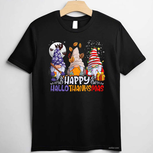 HalloThanksMas Gnomes Halloween Thanksgiving Christmas Happy Funny Graphic Tee and T-Shirt Gift for Adults Men Women Unisex