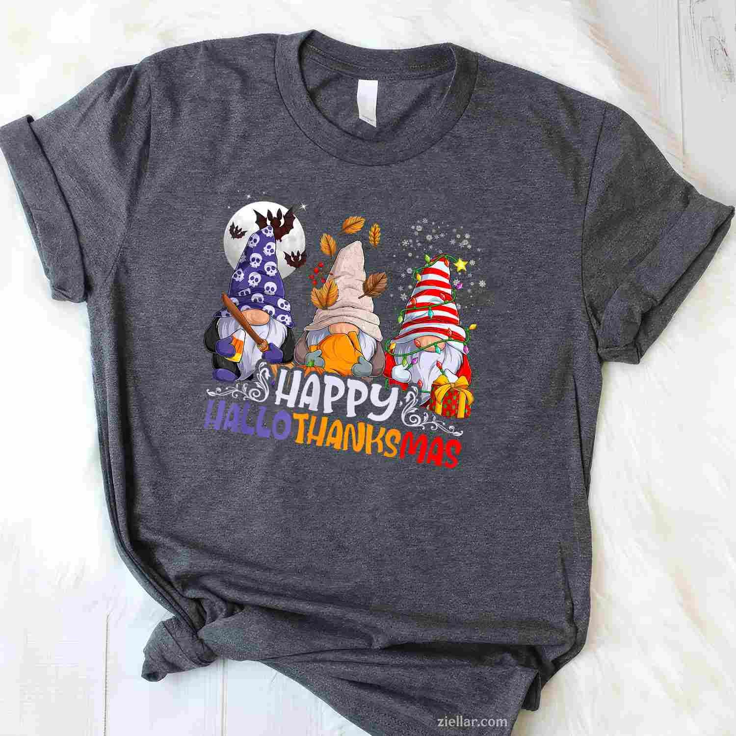 HalloThanksMas Gnomes Halloween Thanksgiving Christmas Happy Funny Graphic Tee and T-Shirt Gift for Adults Men Women Unisex