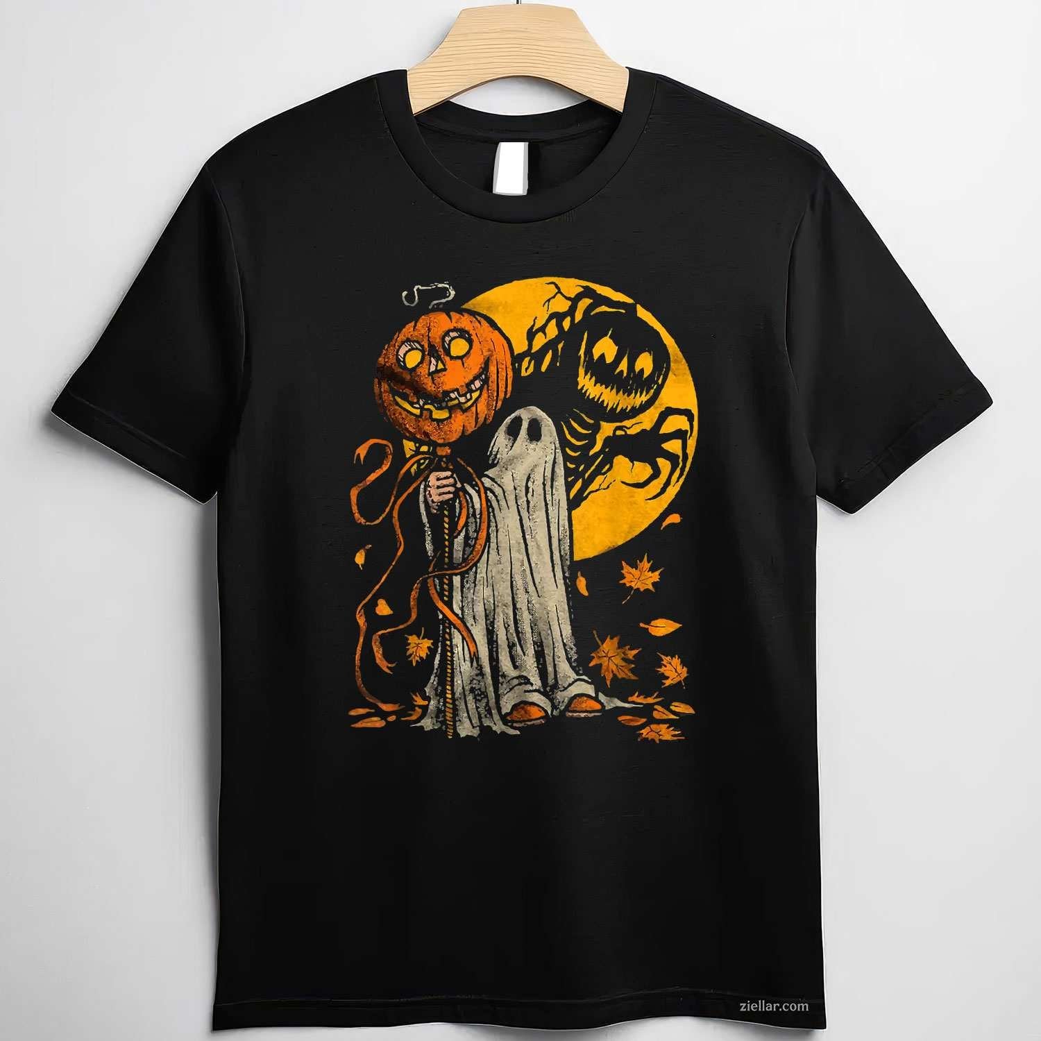 Halloween Pumpkin Ghost Autumn Leaves Graphic Art Tee, Halloween T-Shirt for Men Women Adults Unisex, Vintage Retro Graphic, Funny Novelty Gift