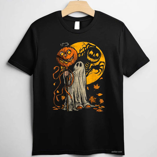 Halloween Pumpkin Ghost Autumn Leaves Graphic Art Tee, Halloween T-Shirt for Men Women Adults Unisex, Vintage Retro Graphic, Funny Novelty Gift
