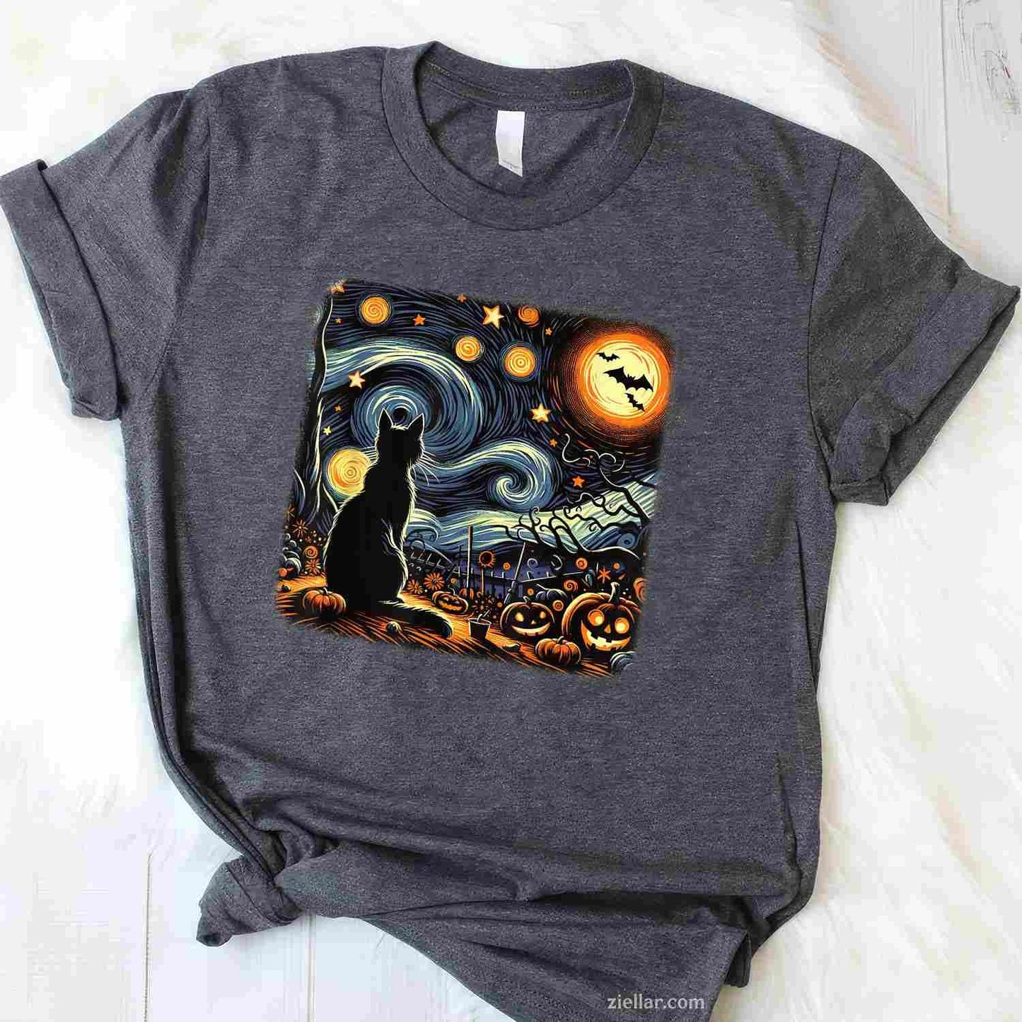 Halloween Black Cat Van Gogh Starry Night Cat Lovers Cat Tee, Halloween T-Shirt for Men Women Adults Unisex, Bold Statement Graphic, Party Outfit Favorite