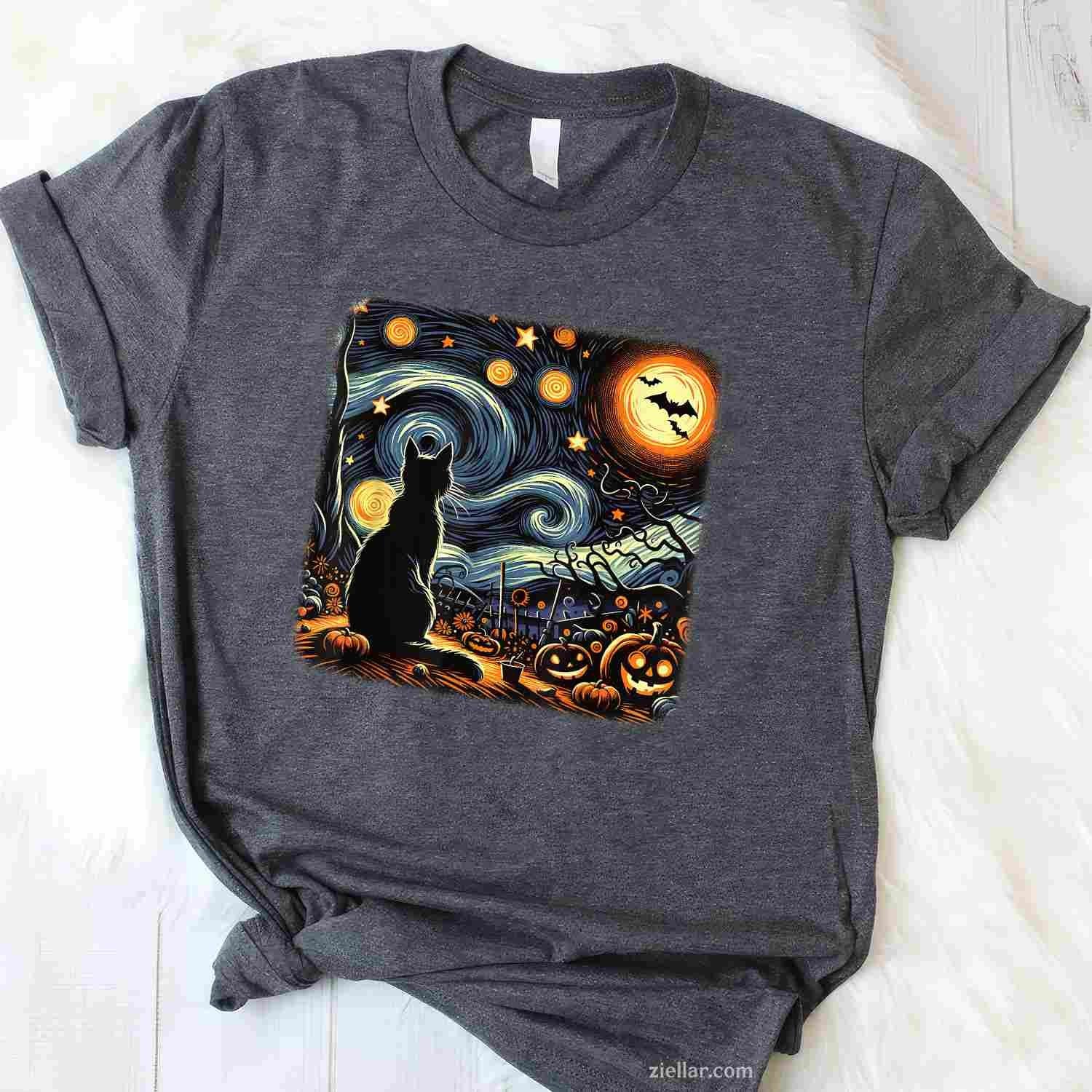 Halloween Black Cat Van Gogh Starry Night Cat Lovers Cat Tee, Halloween T-Shirt for Men Women Adults Unisex, Bold Statement Graphic, Party Outfit Favorite