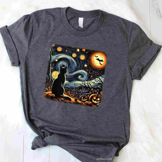 Halloween Black Cat Van Gogh Starry Night Cat Lovers Cat Tee, Halloween T-Shirt for Men Women Adults Unisex, Bold Statement Graphic, Party Outfit Favorite