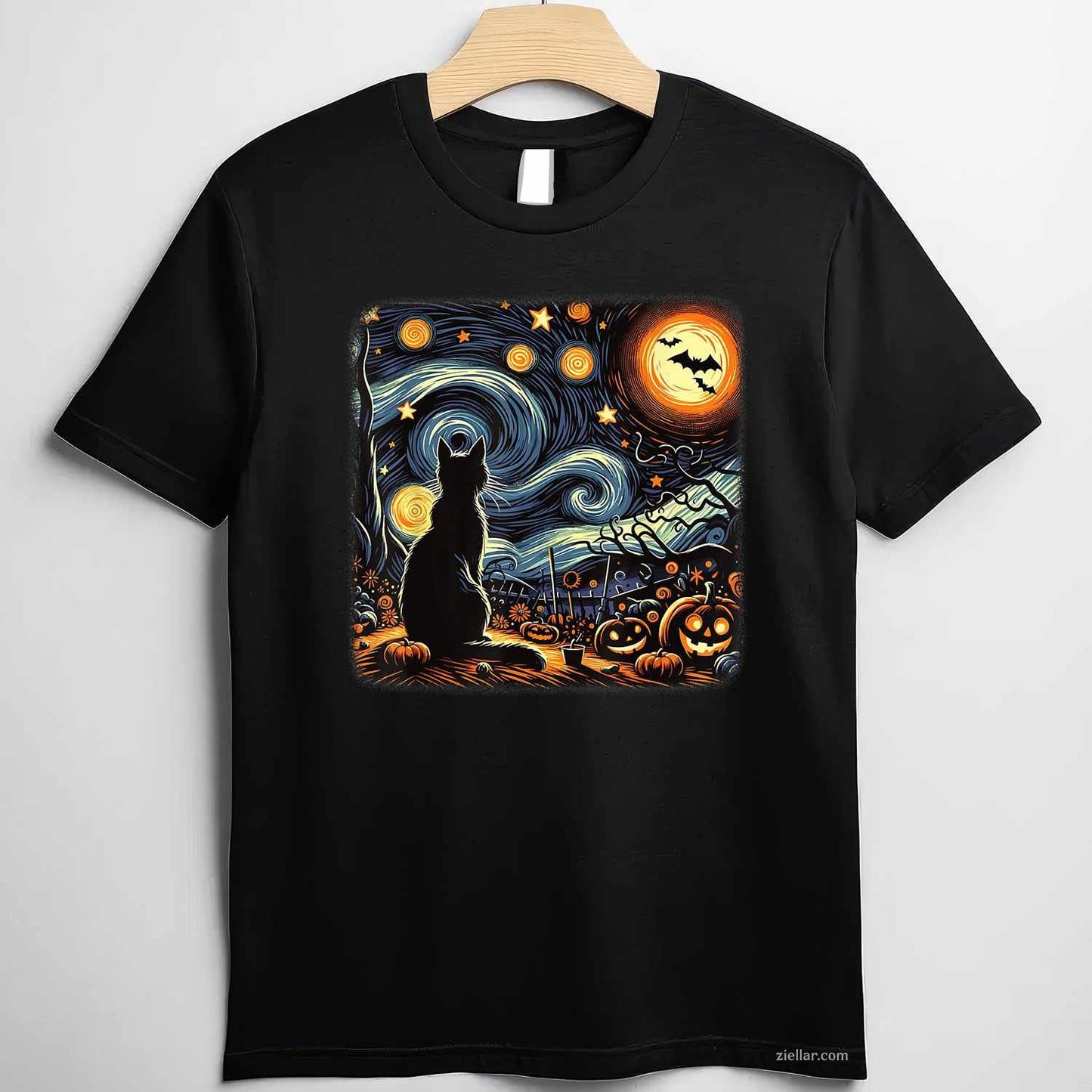 Halloween Black Cat Van Gogh Starry Night Cat Lovers Cat Tee, Halloween T-Shirt for Men Women Adults Unisex, Bold Statement Graphic, Party Outfit Favorite
