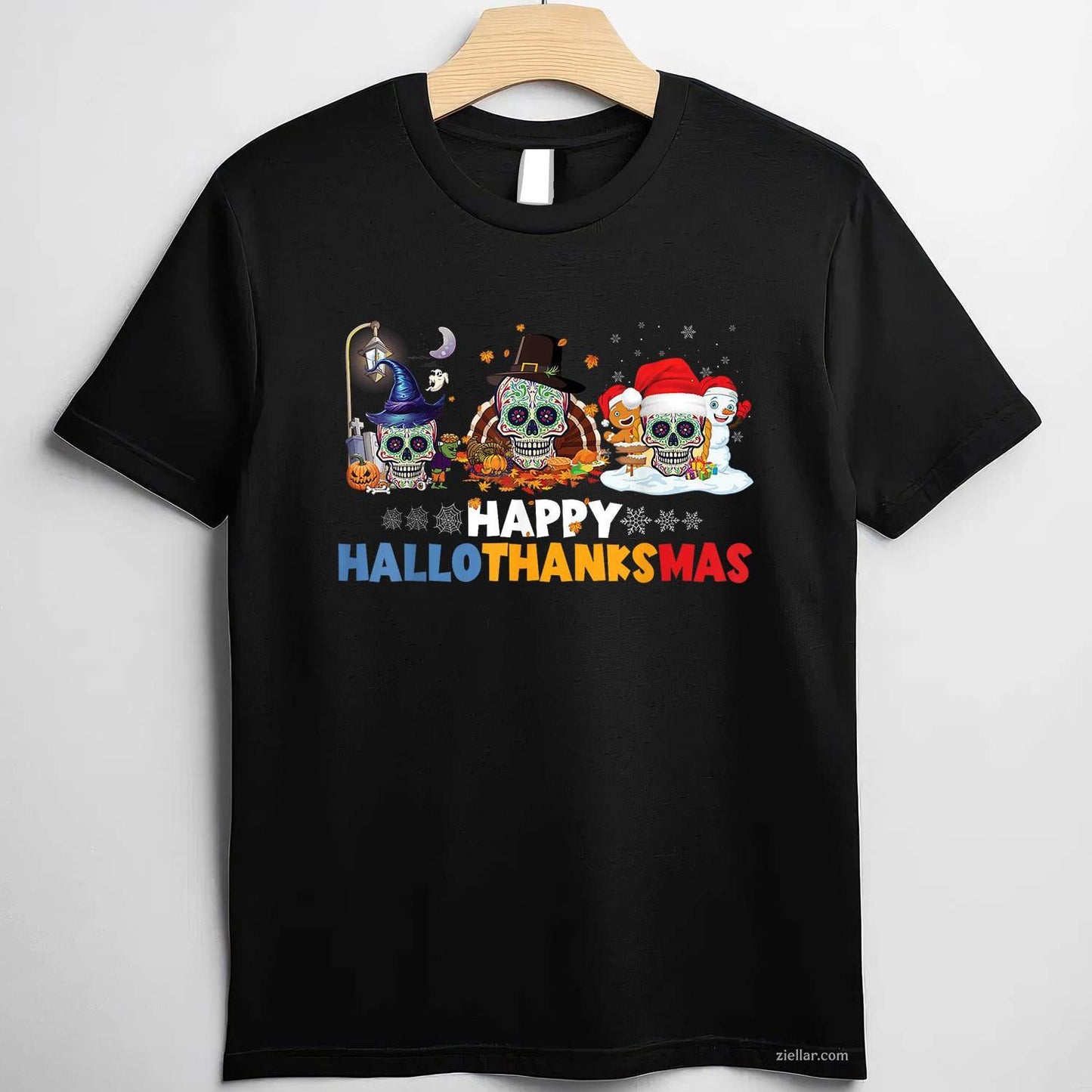 Halloween Thanksgiving Xmas Happy Hallothanksmas Sugar Skull Funny Graphic Tee and T-Shirt Gift for Adults Men Women Unisex