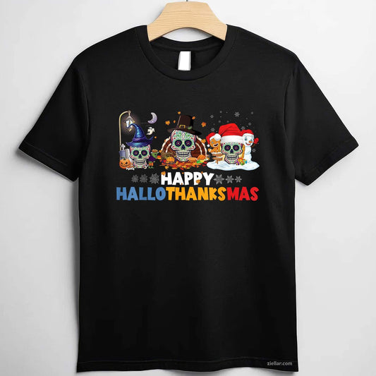Halloween Thanksgiving Xmas Happy Hallothanksmas Sugar Skull Funny Graphic Tee and T-Shirt Gift for Adults Men Women Unisex