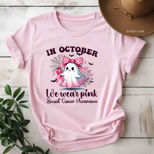 Halloween In October We Wear Pink Breast Cancer Awareness Funny Graphic Tee and T-Shirt Gift for Adults Men Women Unisex