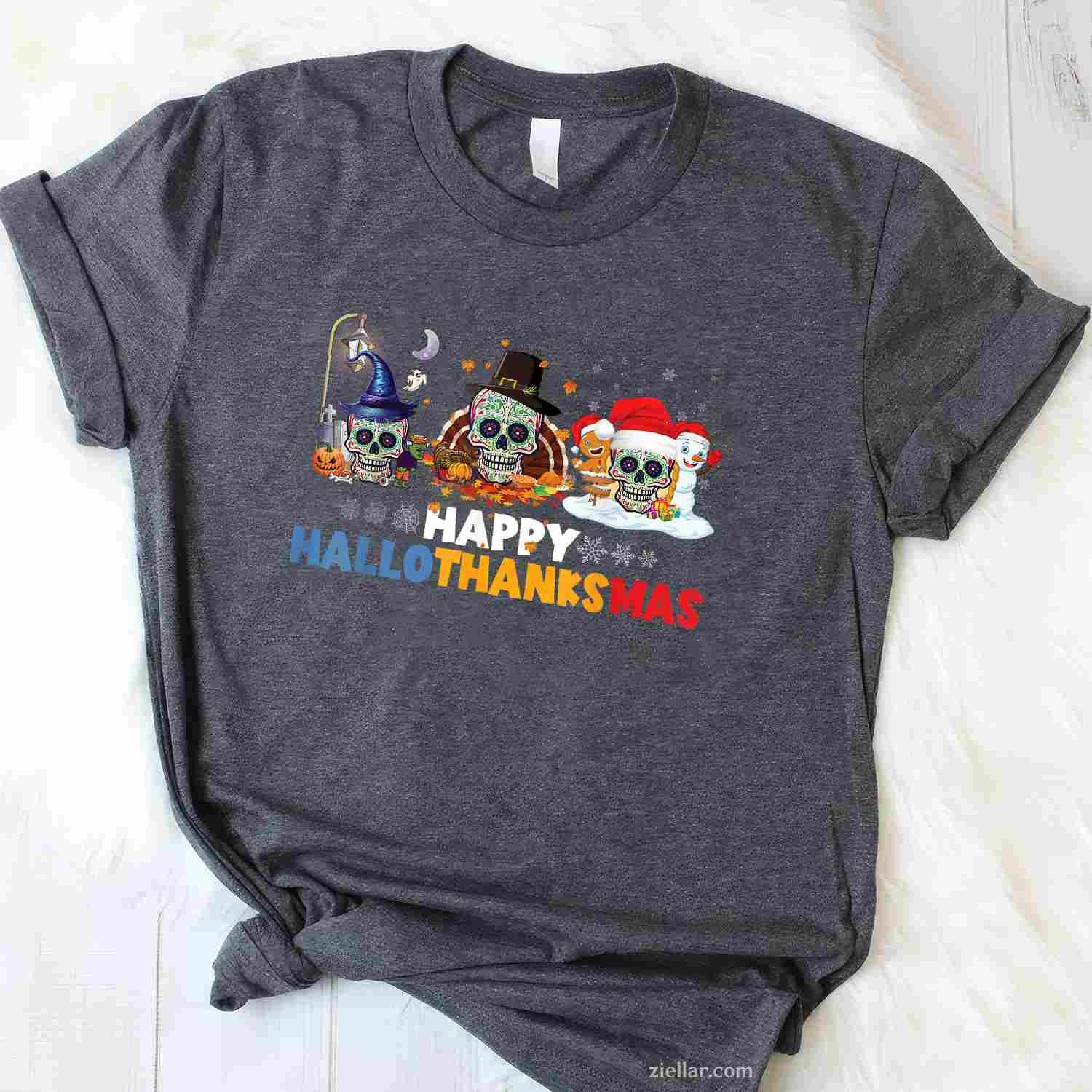 Halloween Thanksgiving Xmas Happy Hallothanksmas Sugar Skull Funny Graphic Tee and T-Shirt Gift for Adults Men Women Unisex