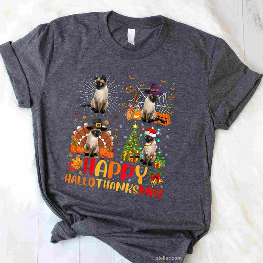 Halloween Thanksgiving Christmas Siamese Cat Hallothanksmas for Men Women Tee, Halloween T-Shirt for Men Women Adults Unisex, Trendy Graphic Apparel, Unique Gift Idea