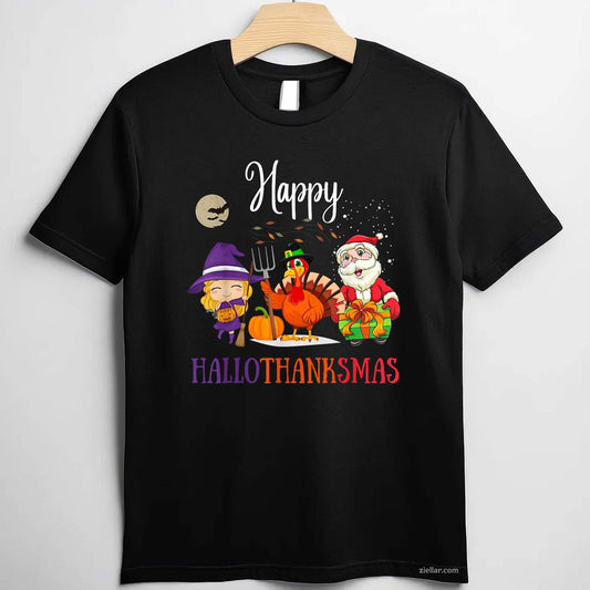 Halloween Thanksgiving Christmas Happy Hallothanksmas Funny Graphic Tee and T-Shirt Gift for Adults Men Women Unisex