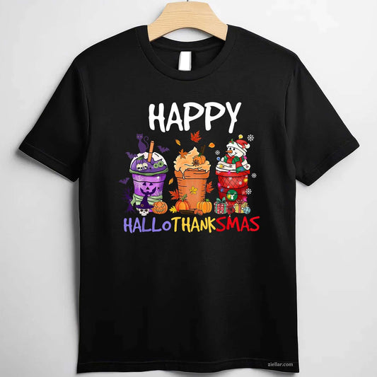 Halloween Thanksgiving Happy Hallothanksmas Season Coffee Funny Graphic Tee and T-Shirt Gift for Adults Men Women Unisex