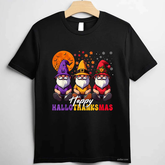 Halloween Thanksgiving Christmas Happy HalloThanksMas Gnomes Funny Graphic Tee and T-Shirt Gift for Adults Men Women Unisex