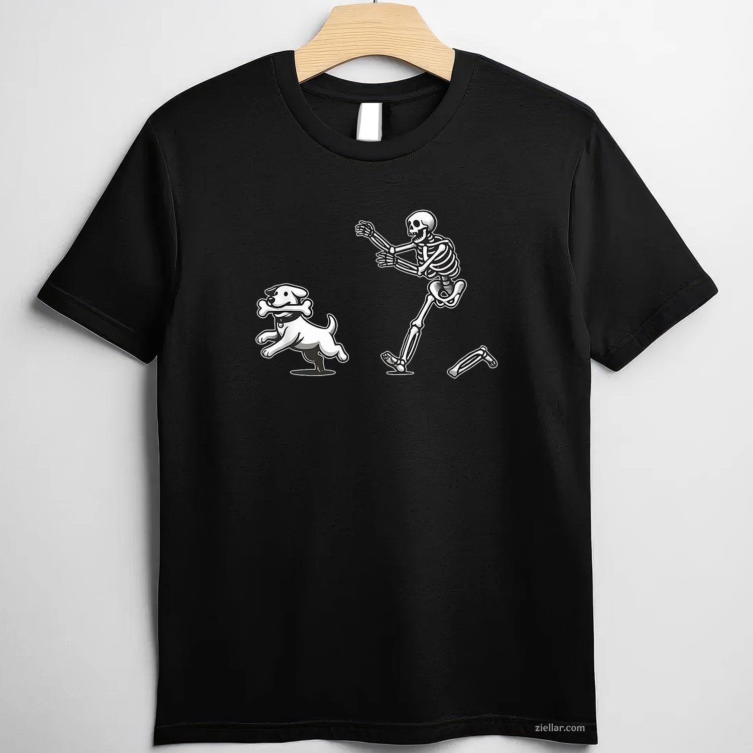Halloween Dog, Funny Skeleton, Skeleton Chasing Dog Men Women Tee, Halloween T-Shirt for Men Women Adults Unisex, Bold Statement Graphic, Party Outfit Favorite