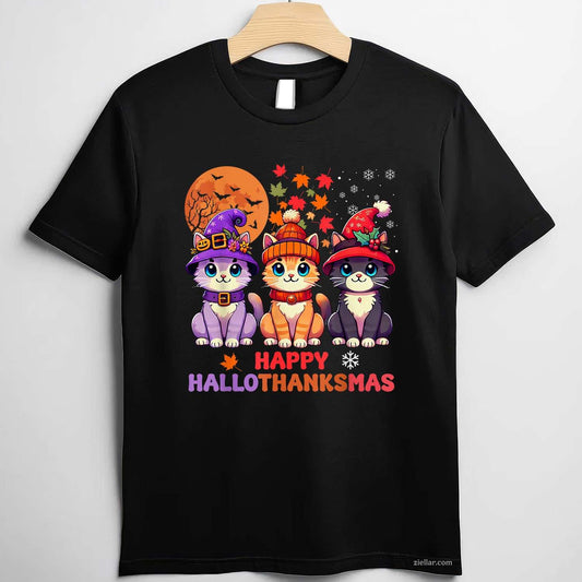 Halloween Thanksgiving Christmas Happy HalloThanksMas Cats Tee, Halloween T-Shirt for Men Women Adults Unisex, Vintage Retro Graphic, Funny Novelty Gift