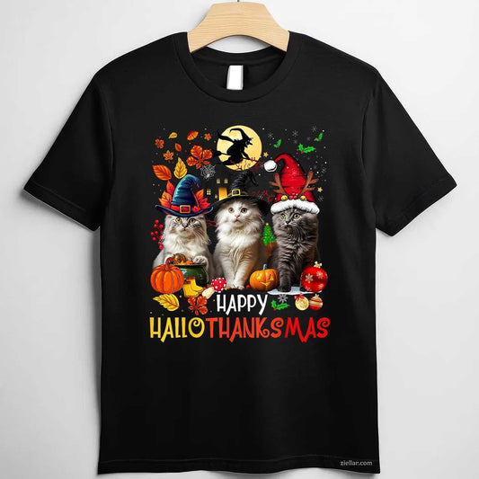 Halloween Thanksgiving Christmas Happy HalloThanksMas Cats Tee, Halloween T-Shirt for Men Women Adults Unisex, Trendy Graphic Apparel, Unique Gift Idea